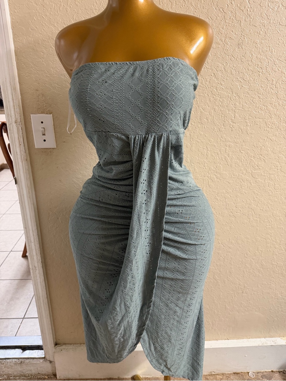 Strapless Sage Green Eyelet Midi Dress with Draped Front